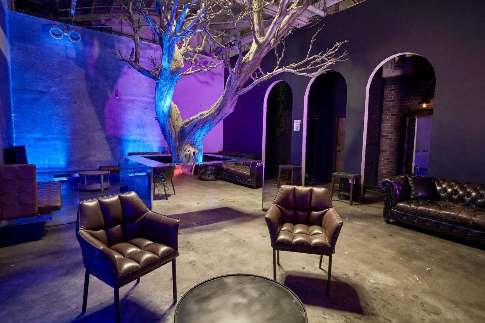 Sculptural tree lounge feature at District 7 with leather seating and arched doorways