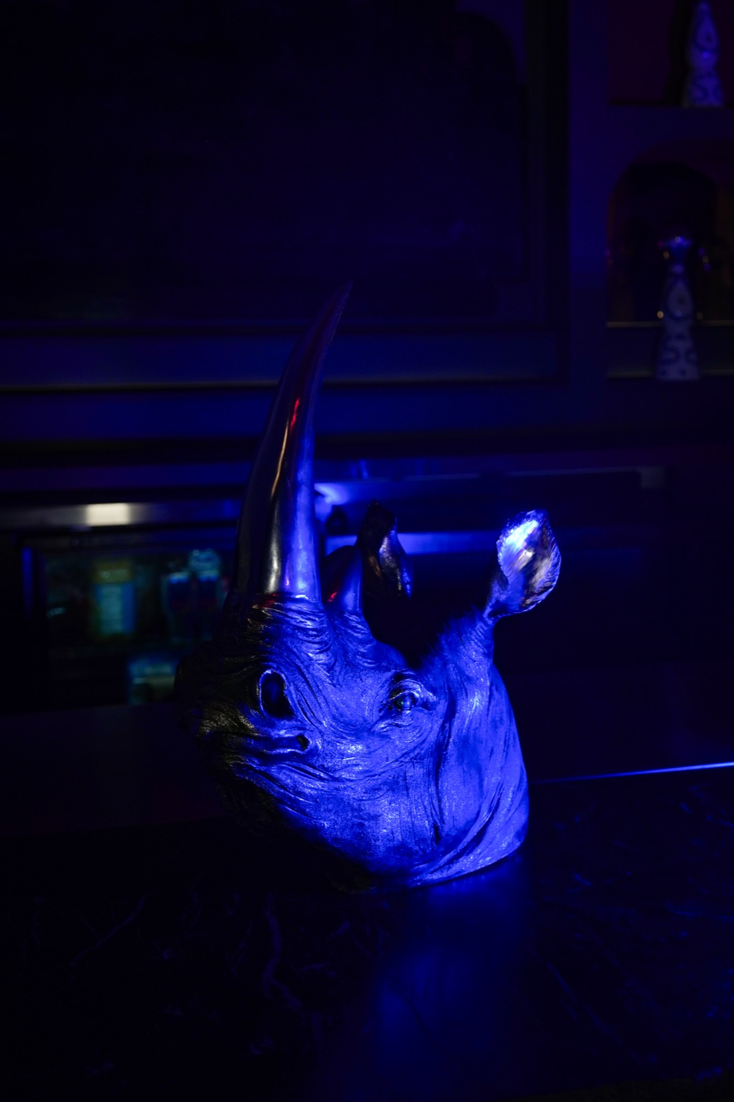 Sculptural decor detail lit in blue light